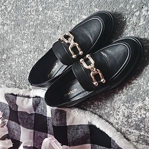 Shoes, size 9, black, gold buckle, loafers